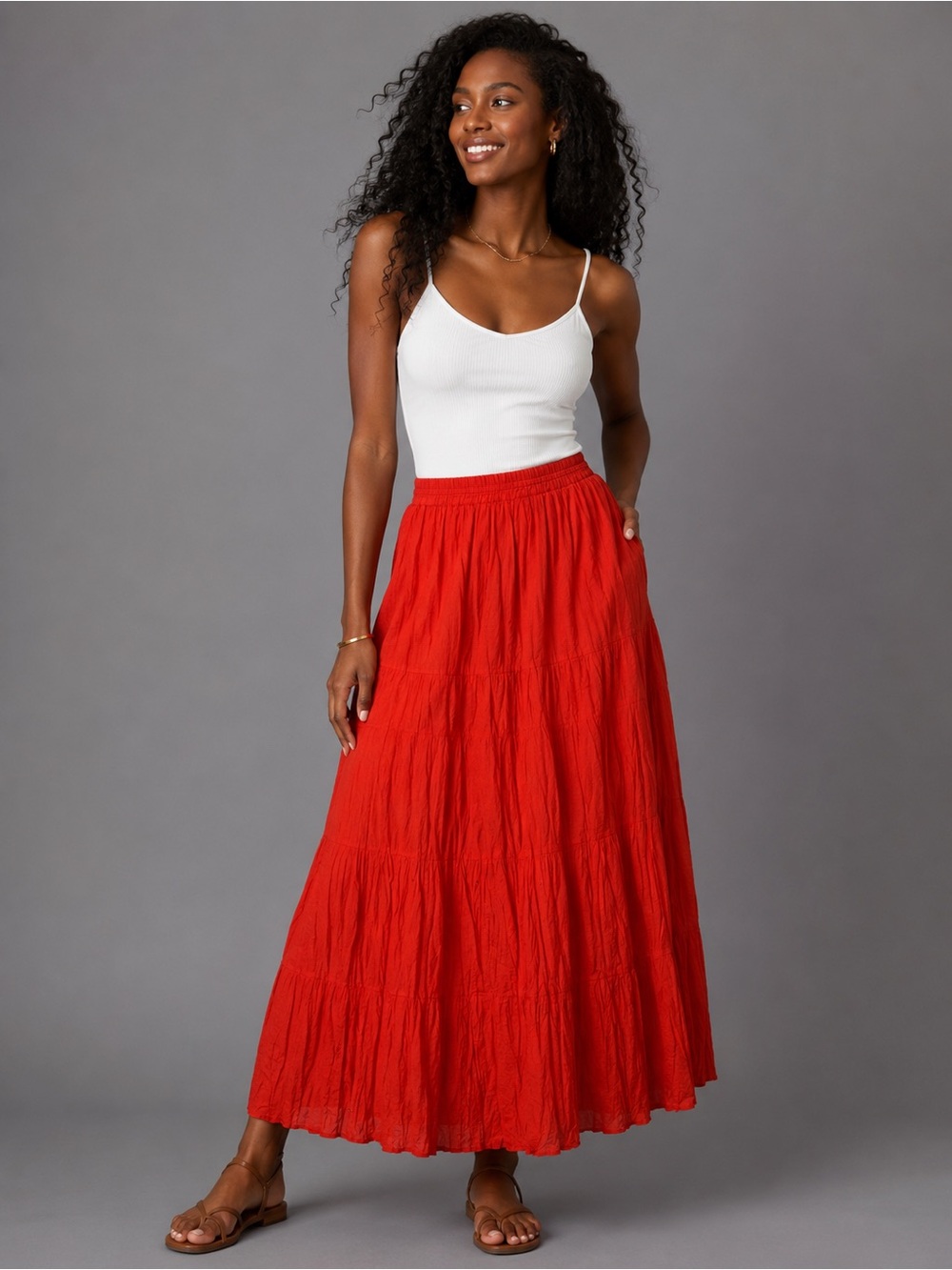 Kim Rogers Women 1X Orange Crinkle Cotton Maxi Skirt Sequin Boho Elastic Waist